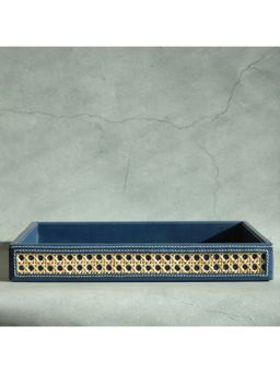STOR - Steel Blue PU Leather & Rattan Serving Tray