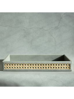 STOR - Stone Gray PU Leather & Rattan Serving Tray