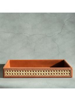 STOR - Tan Brown PU Leather & Rattan Serving Tray