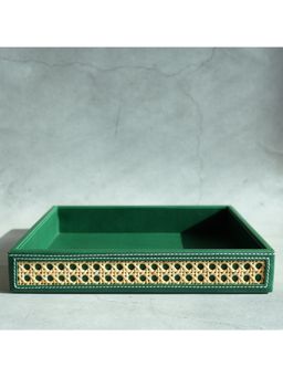 STOR - Emerald Green PU Leather & Rattan Serving Tray