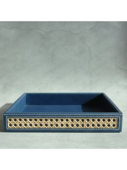 STOR - Steel Blue PU Leather & Rattan Serving Tray
