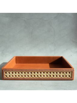 STOR - Tan Brown PU Leather & Rattan Serving Tray