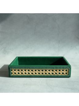 STOR - Emerald Green PU Leather & Rattan Serving Tray