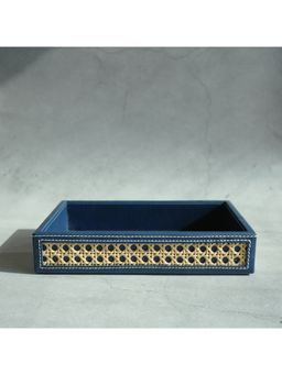 STOR - Steel Blue PU Leather & Rattan Serving Tray