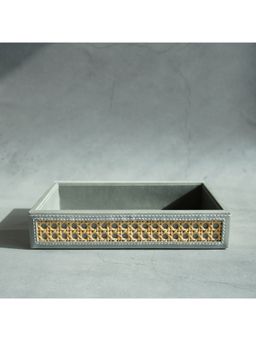 STOR - Stone Gray PU Leather & Rattan Serving Tray