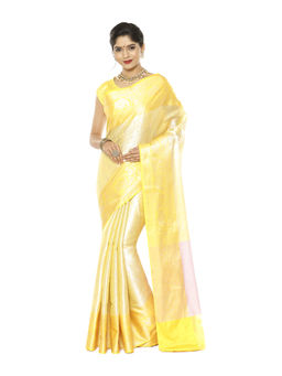 Banarasi Silk Works - Yellow Silver Zari Kanchi Silk Tanchoi Meena Saree with Unstitched Blouse