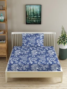 MORADO - Premium Glace Cotton Single Fitted Bedsheet With 1 Pillow Cover Blue 36X72X8 Inches