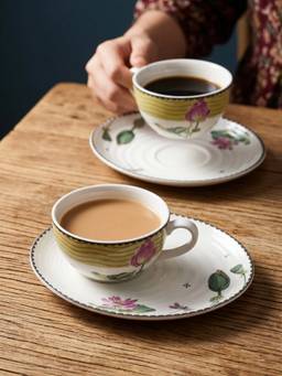 Trovea's - Dragonfly Bloom Porcelain Cup And Saucer Set Of 4 Multi-Color