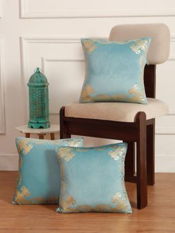 HOSTA HOMES - Soft Velvet Golden Foil Printed Cushion Covers Pack Of 3 ( 16 X 16 Inch ) Aqua