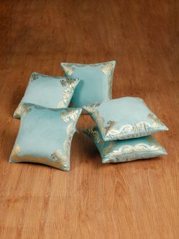 HOSTA HOMES - Soft Velvet Golden Foil Printed Cushion Covers Pack Of 5 ( 16 X 16 Inch ) Aqua