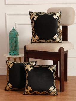 HOSTA HOMES - Soft Velvet Golden Foil Printed Cushion Covers Pack Of 3 ( 16 X 16 Inch ) Black