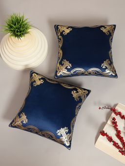 HOSTA HOMES - Soft Velvet Golden Foil Printed Cushion Covers Pack Of 2 ( 16 X 16 Inch ) Blue