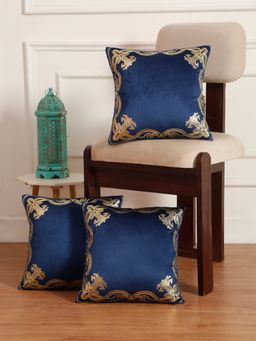 HOSTA HOMES - Soft Velvet Golden Foil Printed Cushion Covers Pack Of 3 ( 16 X 16 Inch ) Blue