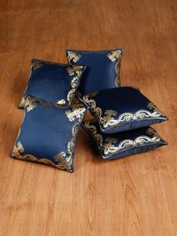 HOSTA HOMES - Soft Velvet Golden Foil Printed Cushion Covers Pack Of 5 ( 16 X 16 Inch ) Blue