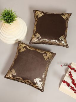 HOSTA HOMES - Soft Velvet Golden Foil Printed Cushion Covers Pack Of 2 ( 16 X 16 Inch ) Brown