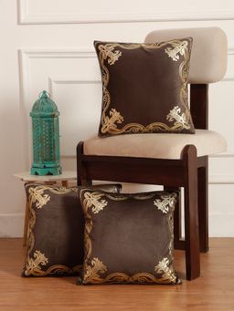 HOSTA HOMES - Soft Velvet Golden Foil Printed Cushion Covers Pack Of 3 ( 16 X 16 Inch ) Brown