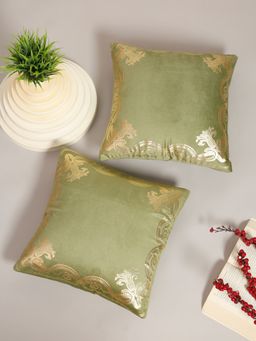 HOSTA HOMES - Soft Velvet Golden Foil Printed Cushion Covers Pack Of 2 ( 16 X 16 Inch ) Olive