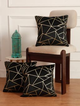 HOSTA HOMES - Soft Velvet Golden Foil Printed Cushion Covers Pack Of 3 ( 16 X 16 Inch ) Black