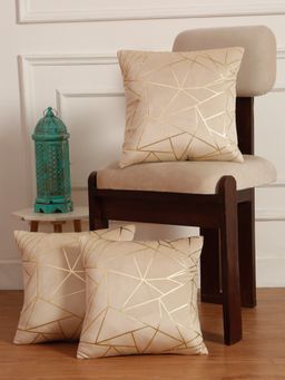 HOSTA HOMES - Soft Velvet Golden Foil Printed Cushion Covers Pack Of 3 ( 16 X 16 Inch ) Cream