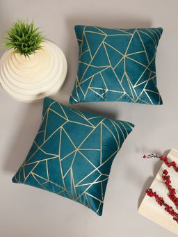 HOSTA HOMES - Soft Velvet Golden Foil Printed Cushion Covers Pack Of 2 Teal (16X16Inch)