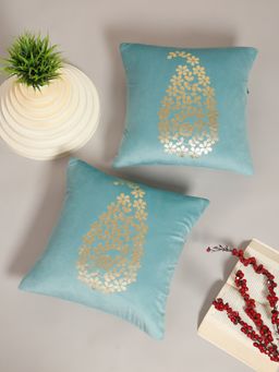 HOSTA HOMES - Soft Velvet Golden Foil Printed Cushion Covers Pack Of 2 ( 16 X 16 Inch ) Aqua