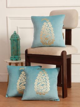 HOSTA HOMES - Soft Velvet Golden Foil Printed Cushion Covers Pack Of 3 ( 16 X 16 Inch ) Aqua