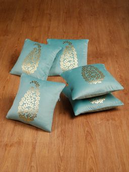 HOSTA HOMES - Soft Velvet Golden Foil Printed Cushion Covers Pack Of 5 ( 16 X 16 Inch ) Aqua