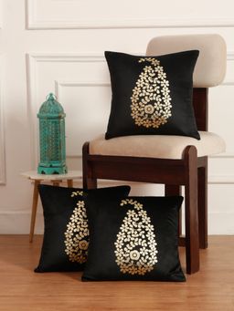 HOSTA HOMES - Soft Velvet Golden Foil Printed Cushion Covers Pack Of 3 ( 16 X 16 Inch ) Black
