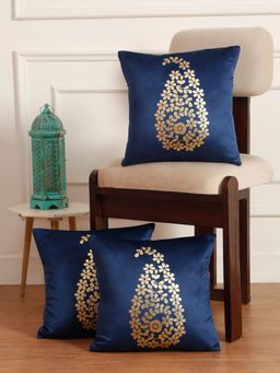 HOSTA HOMES - Soft Velvet Golden Foil Printed Cushion Covers Pack Of 3 ( 16 X 16 Inch ) Blue