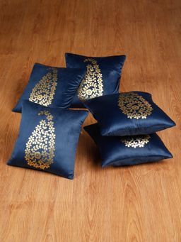 HOSTA HOMES - Soft Velvet Golden Foil Printed Cushion Covers Pack Of 5 ( 16 X 16 Inch ) Blue