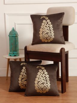 HOSTA HOMES - Soft Velvet Golden Foil Printed Cushion Covers Pack Of 3 ( 16 X 16 Inch ) Brown