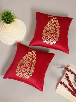 HOSTA HOMES - Soft Velvet Golden Foil Printed Cushion Covers Pack Of 2 ( 16 X 16 Inch ) Maroon