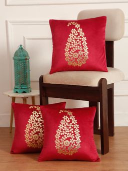 HOSTA HOMES - Soft Velvet Golden Foil Printed Cushion Covers Pack Of 3 ( 16 X 16 Inch ) Maroon
