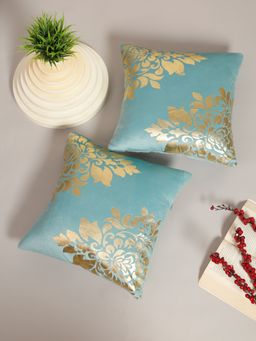 HOSTA HOMES - Soft Velvet Golden Foil Printed Cushion Covers Pack Of 2 ( 16 X 16 Inch ) Aqua