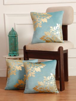 HOSTA HOMES - Soft Velvet Golden Foil Printed Cushion Covers Pack Of 3 ( 16 X 16 Inch ) Aqua