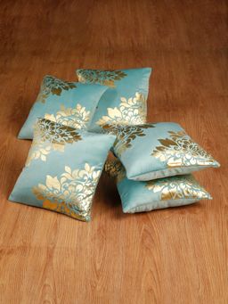 HOSTA HOMES - Soft Velvet Golden Foil Printed Cushion Covers Pack Of 5 ( 16 X 16 Inch ) Aqua