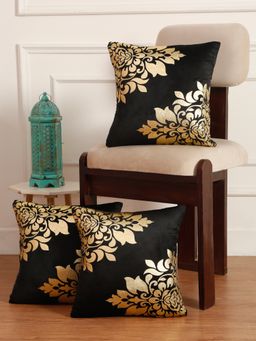 HOSTA HOMES - Soft Velvet Golden Foil Printed Cushion Covers Pack Of 3 ( 16 X 16 Inch ) Black