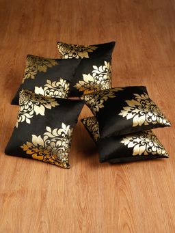 HOSTA HOMES - Soft Velvet Golden Foil Printed Cushion Covers Pack Of 5 ( 16 X 16 Inch ) Black