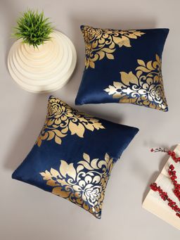 HOSTA HOMES - Soft Velvet Golden Foil Printed Cushion Covers Pack Of 2 ( 16 X 16 Inch ) Blue