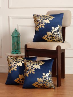 HOSTA HOMES - Soft Velvet Golden Foil Printed Cushion Covers Pack Of 3 ( 16 X 16 Inch ) Blue