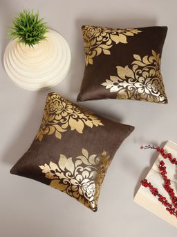 HOSTA HOMES - Soft Velvet Golden Foil Printed Cushion Covers Pack Of 2 ( 16 X 16 Inch ) Brown