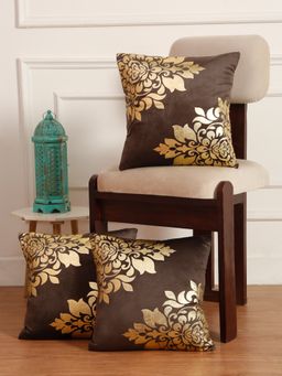 HOSTA HOMES - Soft Velvet Golden Foil Printed Cushion Covers Pack Of 3 ( 16 X 16 Inch ) Brown