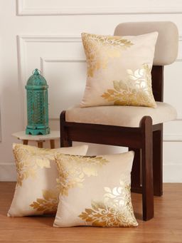 HOSTA HOMES - Soft Velvet Golden Foil Printed Cushion Covers Pack Of 3 ( 16 X 16 Inch ) Cream