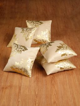 HOSTA HOMES - Soft Velvet Golden Foil Printed Cushion Covers Pack Of 5 ( 16 X 16 Inch ) Cream
