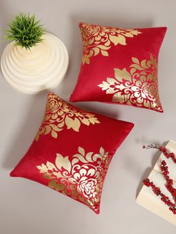 HOSTA HOMES - Soft Velvet Golden Foil Printed Cushion Covers Pack Of 2 ( 16 X 16 Inch ) Maroon