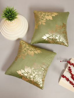 HOSTA HOMES - Soft Velvet Golden Foil Printed Cushion Covers Pack Of 2 ( 16 X 16 Inch ) Olive