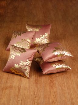 HOSTA HOMES - Soft Velvet Golden Foil Printed Cushion Covers Pack Of 5 ( 16 X 16 Inch ) Peach