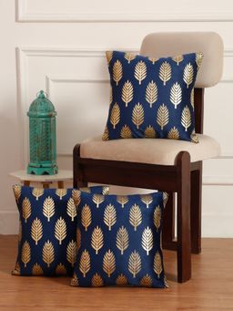 HOSTA HOMES - Soft Velvet Golden Foil Printed Cushion Covers Pack Of 3 ( 16 X 16 Inch ) Blue