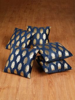 HOSTA HOMES - Soft Velvet Golden Foil Printed Cushion Covers Pack Of 5 ( 16 X 16 Inch ) Blue
