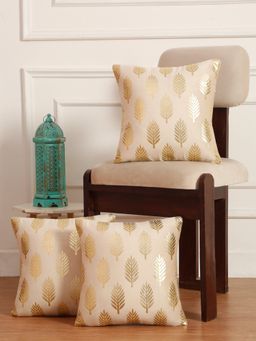 HOSTA HOMES - Soft Velvet Golden Foil Printed Cushion Covers Pack Of 3 ( 16 X 16 Inch ) Cream